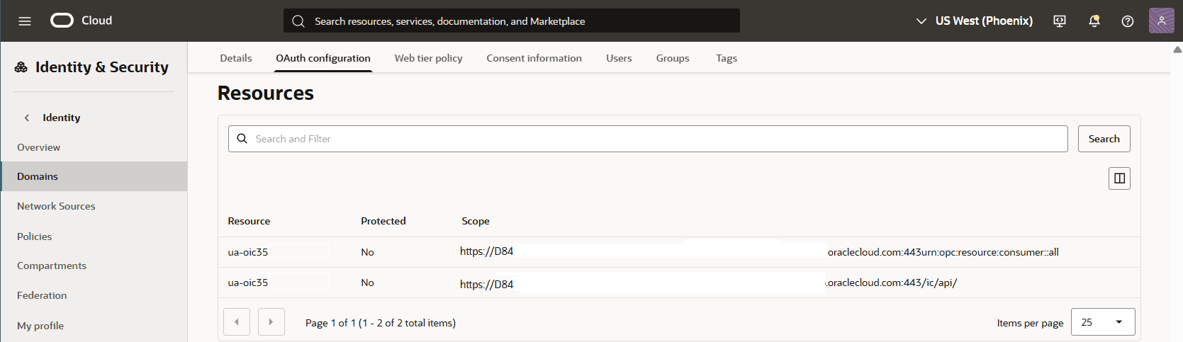 「リソース」の下に、「リソース」、「保護」、「スコープ」という列を含む表があり、値とともに2つの表の行が表示されています。 「リソース」列の下の値は強調表示され、「スコープ」列のhttps://の後の値も強調表示されます。 