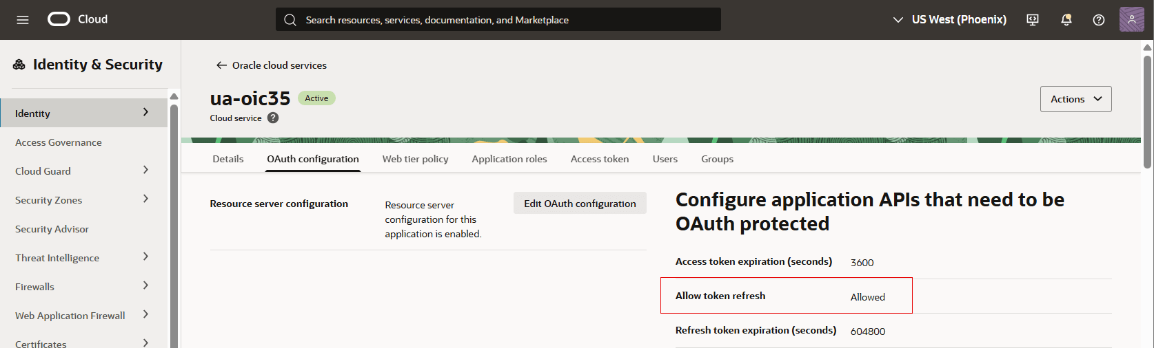 フィールド「アクセス・トークンの有効期限」、「トークンのリフレッシュの許可」、「トークンの有効期限のリフレッシュ」が強調表示された、特定のOracle IntegrationインスタンスのOracle Cloud Servicesページ。