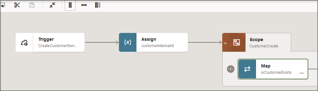 トリガー・アクション、割当てアクション、スコープ・アクションおよびマップ・アクションが表示されます。 トリガー・アクション、割当てアクション、スコープ・アクションおよびマップ・アクションが表示されます。
