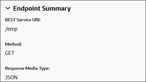 「サマリー」ページには、RESTエンドポイントのサマリー、説明およびエンドポイントのサマリーが表示されます。 このイメージでは、エンドポイント・サマリー値について説明します。 