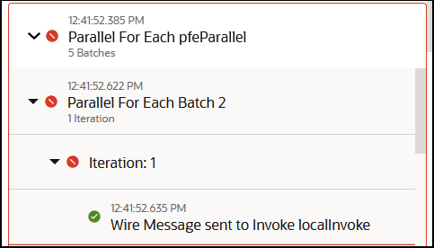 この図は、「アクティビティ・ストリーム」パネルを示しています。 右側にダウンロード・アイコンが表示されます。 次に、統合フローにおけるマイルストンのアクティビティ・ストリームを示します。 それぞれのパラレルでエラーが発生しました。 詳細を表示するために展開されています。 