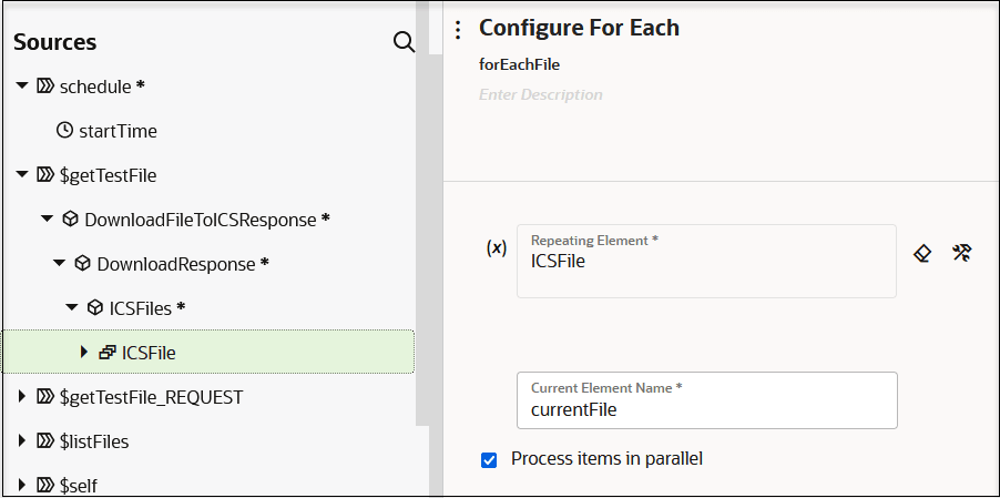 ソースの下の繰返し可能な要素は、「繰返し要素」フィールドにドラッグされます。 この下にある「現在の要素名」フィールドには、currentFileの値が表示されます。 この下にあるアイテムを並列処理チェック・ボックスが選択されています。 