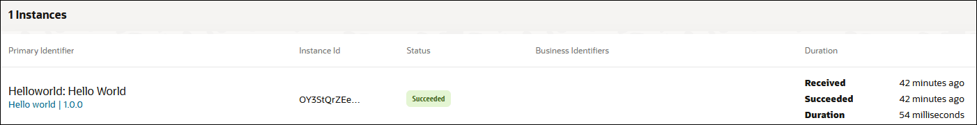 インスタンスは、プライマリ識別子、インスタンスID、ステータス、ビジネス識別子および期間の列を含む表に表示されます。
