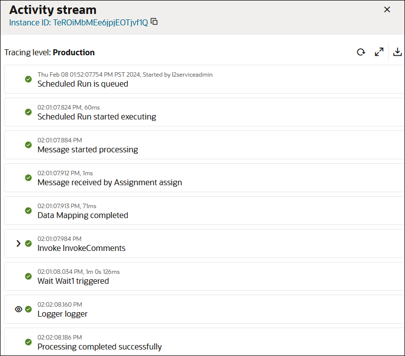 アクティビティ・ストリームは、メッセージ・フロー内の様々なメッセージとともに表示されます。 タイムスタンプはそれぞれの上に表示されます。 右上には、ダウンロード・ログ・アイコンがあります。 右上にはアクティビティ・ストリーム・アイコンと検索アイコンがあります。 