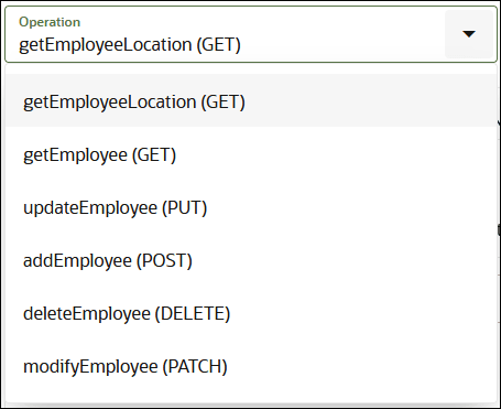 操作リストの選択: getEmployeeLocation、getEmployee、addEmployee、updateEmployee、deleteEmployeeおよびmodifyEmployee。