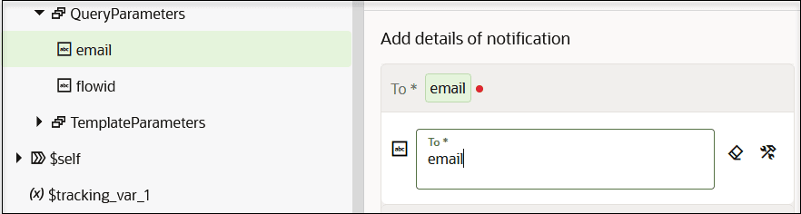 ソース・ツリーには、宛先フィールドにドラッグされたEメールの値が表示されます。 「宛先」フィールドには、クリア・アイコンと開発者ビュー・アイコンへのスイッチアイコンが含まれます。 