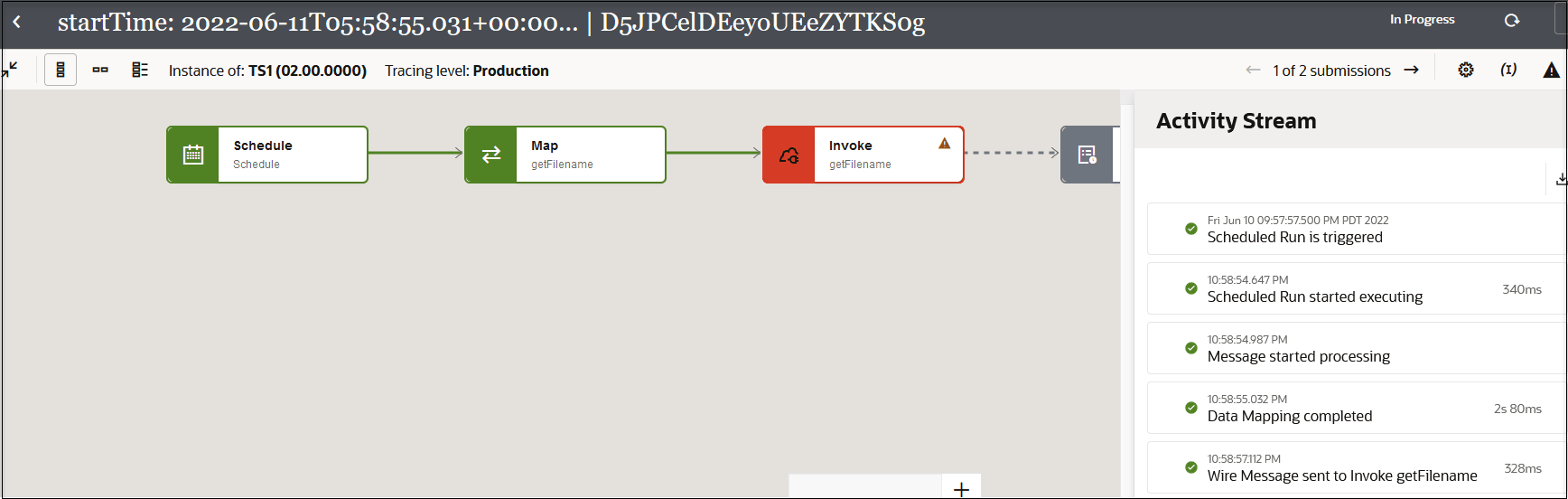 ビジネス識別子が上部に表示されます。 右側にはIn Progress and refreshアイコンがあります。 次に、4つのアイコン、値のインスタンスおよびトレース・レベルを示します: Production. 以下に、スケジュール、マップ、および起動されるエレメントから構成される統合フローを示します。 右側には、フローの主要なマイルストンを示す「アクティビティ・ストリーム」パネルがあります。 パネルの上には、発行数と3つのアイコンがあります。 ビジネス識別子が上部に表示されます。 右側にはIn Progress and refreshアイコンがあります。 次に、4つのアイコン、値のインスタンスおよびトレース・レベルを示します: Production. 以下に、スケジュール、マップ、および起動されるエレメントから構成される統合フローを示します。 右側には、フローの主要なマイルストンを示す「アクティビティ・ストリーム」パネルがあります。 パネルの上には、発行数と3つのアイコンがあります。