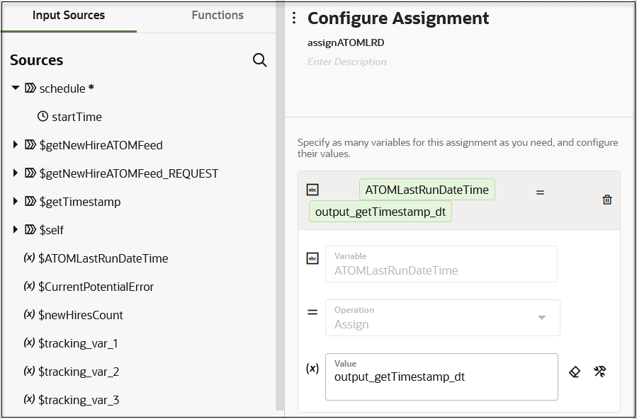 「入力ソース」タブ(選択済)および関数タブが表示されます。 この後のソース・ツリーです。 右側は「割当ての構成」セクションです。 パラメータと値が設定されます。 右側に削除アイコンが表示されます。 この後に、変数、操作および値フィールドがあります。 「値」フィールドには、クリア・アイコンと開発者ビューに切り替えアイコンがあります。 