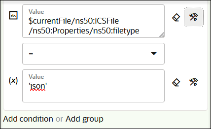「値」フィールド、演算子リストおよび値フィールドが表示されます。 「両方の値」フィールドには、開発者ビューにクリアおよび切り替えるためのアイコンが含まれます。 