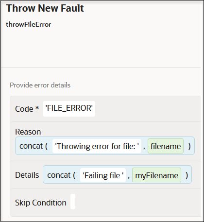 「新規フォルトのスロー」パネルには、名前フィールド、説明フィールド、コード・フィールド、理由フィールド、詳細フィールドおよび「スキップ条件」フィールドが表示されます。