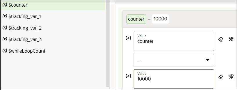 左側にソース・ツリーが表示されます。 右側には、値、演算子および値フィールドが表示されます。 「両方の値」フィールドには、クリア・アイコンと開発者モードに切り替えるアイコンがあります。 
