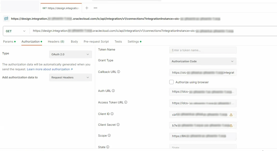 「Postman Configuration」ページで「Authorization」タブが選択されている場合、上部から下部に「Grant Type」、「Callback URL」、「Auth URL」、「Access Token URL」、「Client ID」、「Client Secret」、「Scope」のフィールドがあります。