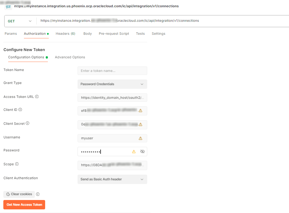「Postman Configuration」ページでは、「Authorization」タブが選択されており、上から下に入力する必要があるフィールドは、「Grant Type Password Credentials」、「Access Token URL」、「Client ID」、「Client Secret」、「User name」、「Password」、「Scope」、「Client Authentication」です。 「新規アクセス・トークンの取得」ボタンもあります 