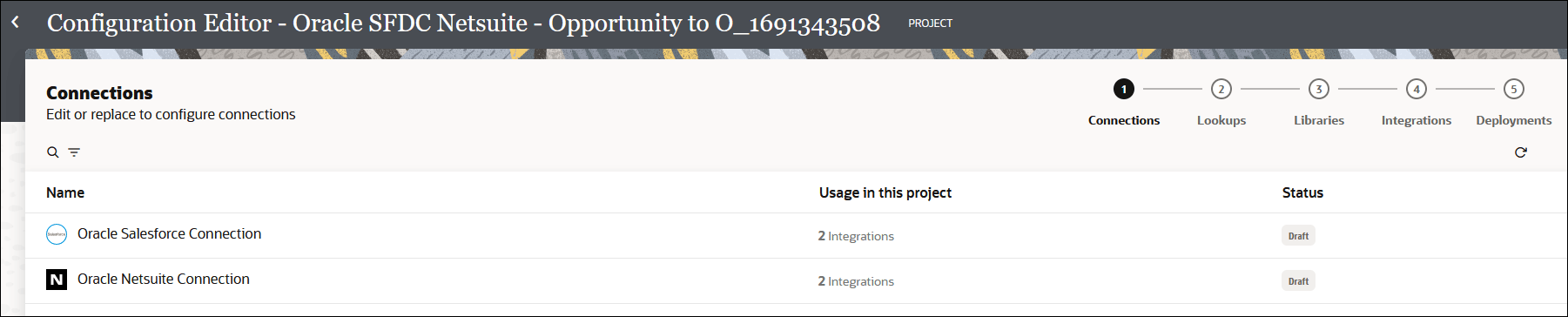 このイメージは、上部にあるウィザードのページ(接続、参照、ライブラリ、統合およびデプロイメント)を示しています。 名前、このプロジェクトの使用状況およびステータス列の列を含む表が表示されます。 