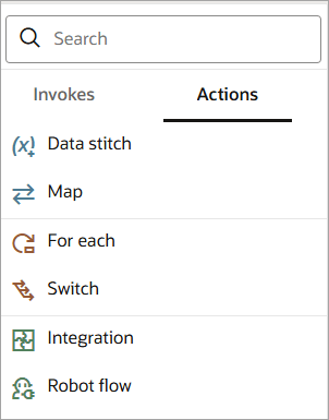 検索フィールドが上部に表示されます。 下にはアクション・リストがあり、データ・ステッチ、マップ、それぞれについて、スイッチおよび統合のオプションが表示されています。 