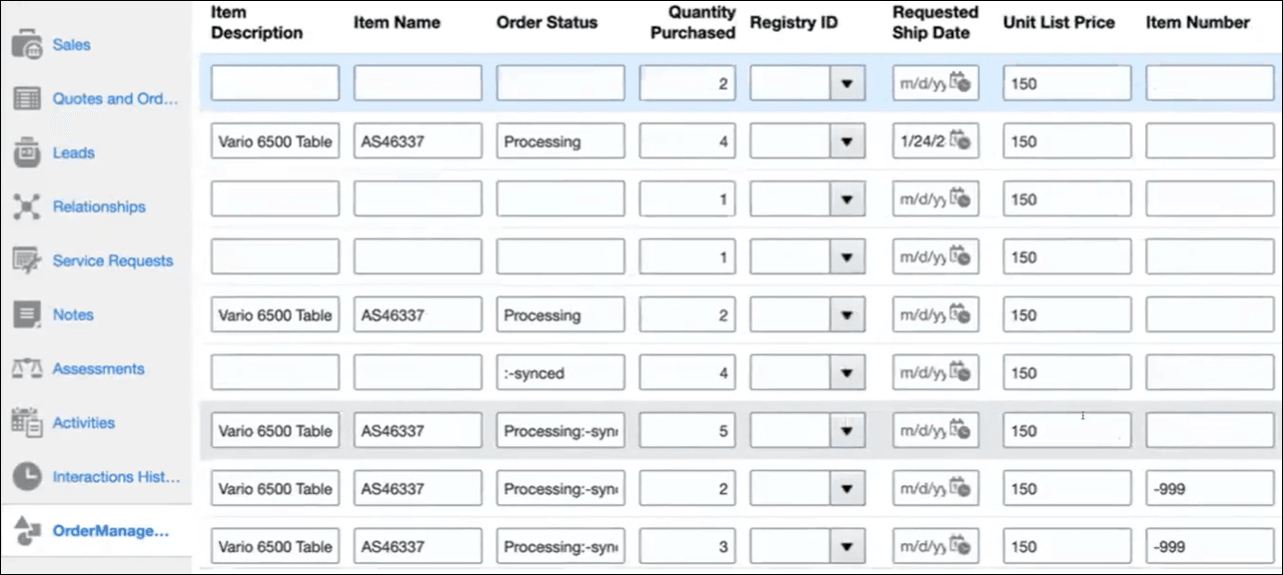 「オーダー・マネージャ」フォームが選択され、Oracle Manager Name、Account、Item Description、Item Name、Order Status、Quantity Purchased、Registry ID、Requested Ship Date、Unit List PriceおよびItem Numberの列が含まれます。