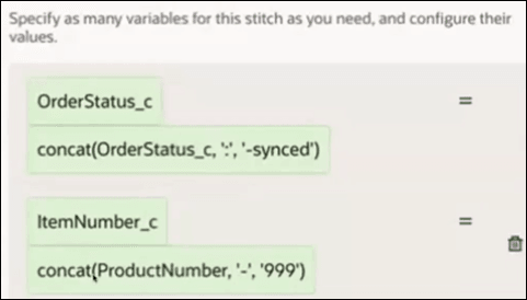 ステッチの構成パネルは、オーダー・ステータスおよび品目番号を処理するように設計されています。