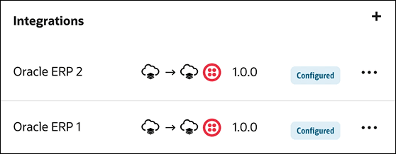 「統合」セクションには、Oracle ERP 1およびOracle ERP 2という2つの統合があり、それぞれに1.0.0のバージョンがあります。 両方とも構成済のラベルが付いています。 各アクション(…)メニューが表示されます。 右上隅に追加アイコンが表示されます。 
