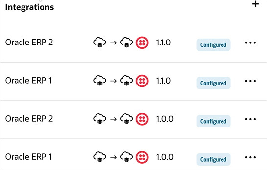 「統合」セクションには、Oracle ERP 1およびOracle ERP 2という2つの統合が表示され、それぞれに1.0.0および1.1.0のバージョンがあります。 両方とも構成済のラベルが付いています。 各アクション(…)メニューが表示されます。 右上隅に追加アイコンが表示されます。 