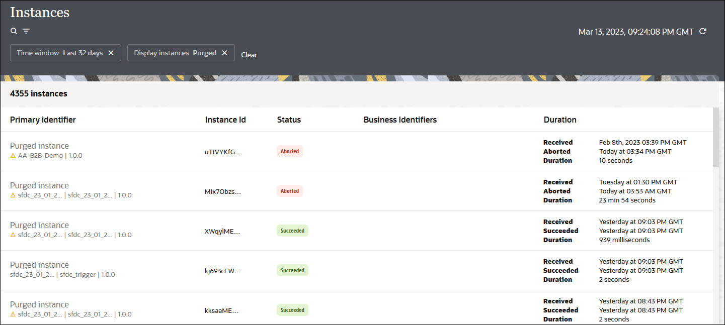 「インスタンス」ページには、フィルタ・アイコンと定義済フィルタが上部に表示されます。 右上にはタイムスタンプがあります。 次の表に、プライマリ識別子、インスタンスID、ステータス、ビジネス識別子および期間の列を示します。 