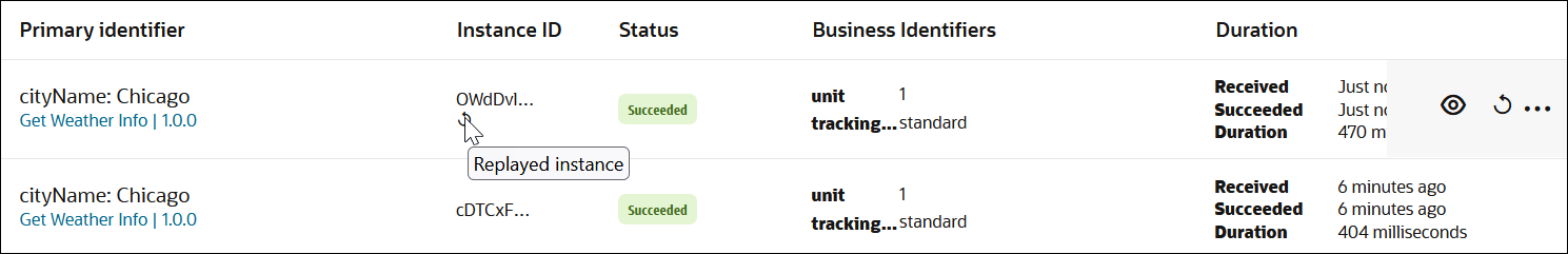 プライマリ識別子列、インスタンスID列、ステータス列および期間列が表示されます。 インスタンスID列のバージョンには、リプレイ済インスタンス・アイコンが含まれています。 プライマリ識別子列、インスタンスID列、ステータス列および期間列が表示されます。 インスタンスID列のバージョンには、リプレイ済インスタンス・アイコンが含まれています。