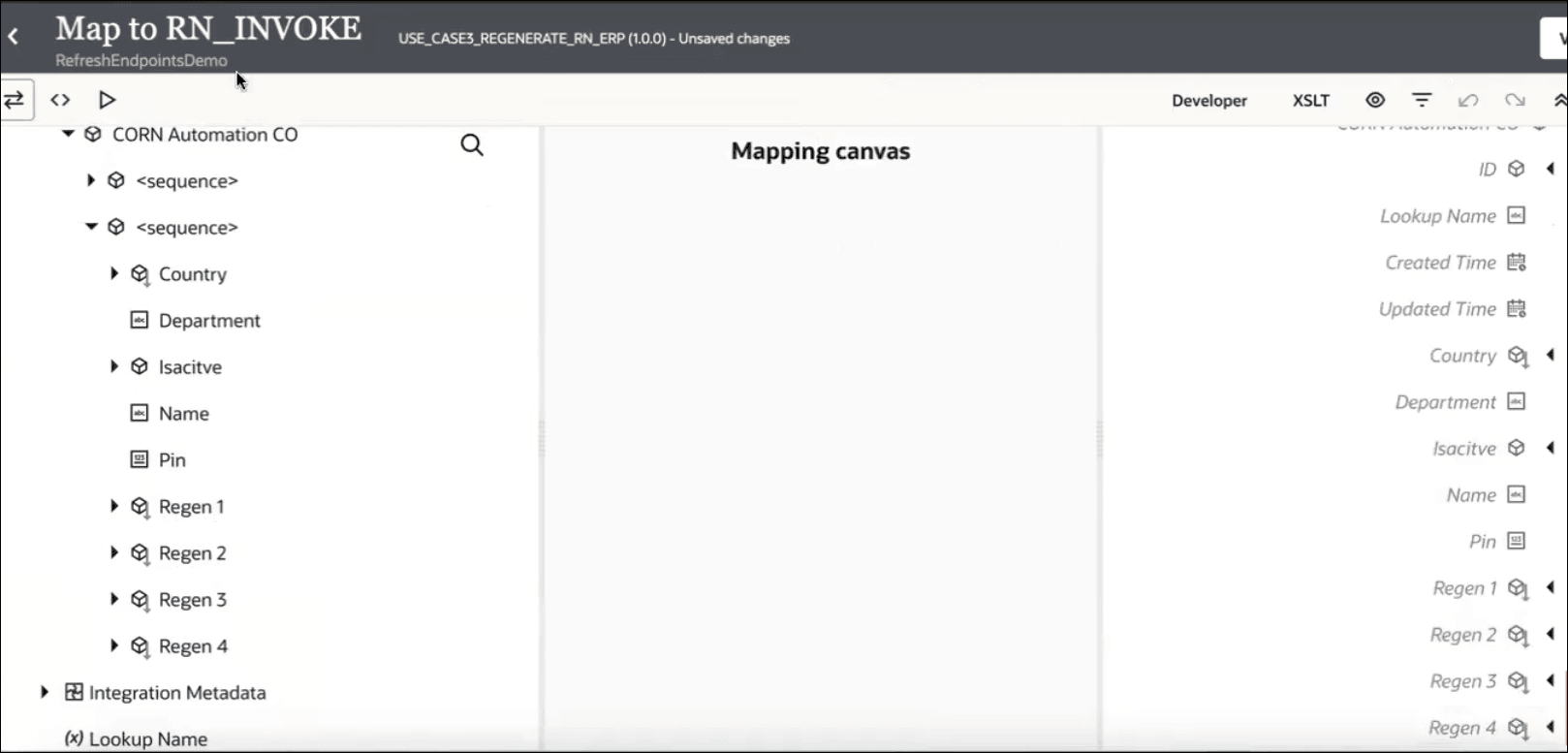 マッパーには、ソース、マッピング・キャンバスおよびターゲット・セクションが表示されます。 右上隅に「検証」ボタンが表示されます。 「ソース」セクションの上に3つのアイコンが表示されます。 「ターゲット」セクションの上に8つのアイコンが表示されます。 マッパーには、ソース、マッピング・キャンバスおよびターゲット・セクションが表示されます。 右上隅に「検証」ボタンが表示されます。 「ソース」セクションの上に3つのアイコンが表示されます。 「ターゲット」セクションの上に8つのアイコンが表示されます。