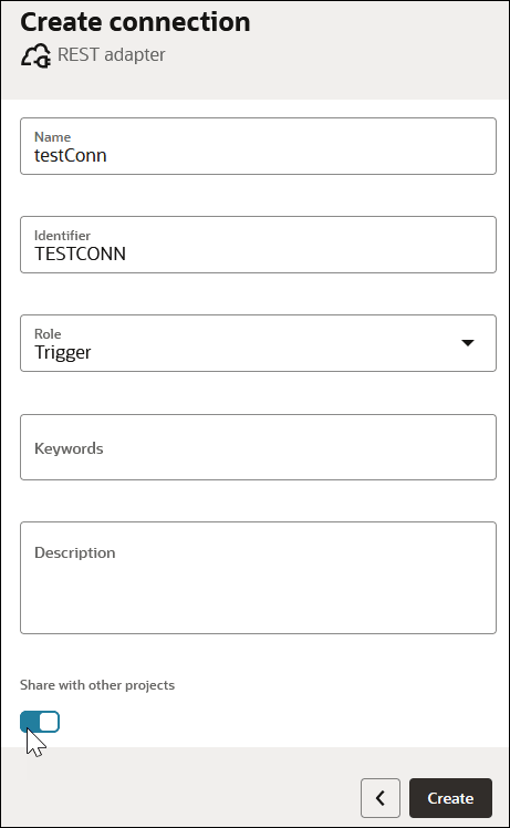 「接続の作成」パネルには、「名前」、「識別子」、「ロール」、「キーワード」、「説明」および「他のプロジェクトと共有」要素が表示されます。 「接続の作成」パネルには、「名前」、「識別子」、「ロール」、「キーワード」、「説明」および「他のプロジェクトと共有」要素が表示されます。