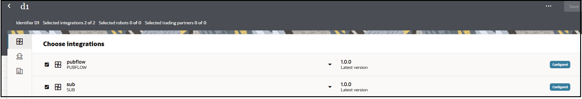 デプロイメント・ページが表示されます。 デプロイメントに含まれる統合が、バージョンおよび「構成済」ラベルとともに表示されます。 