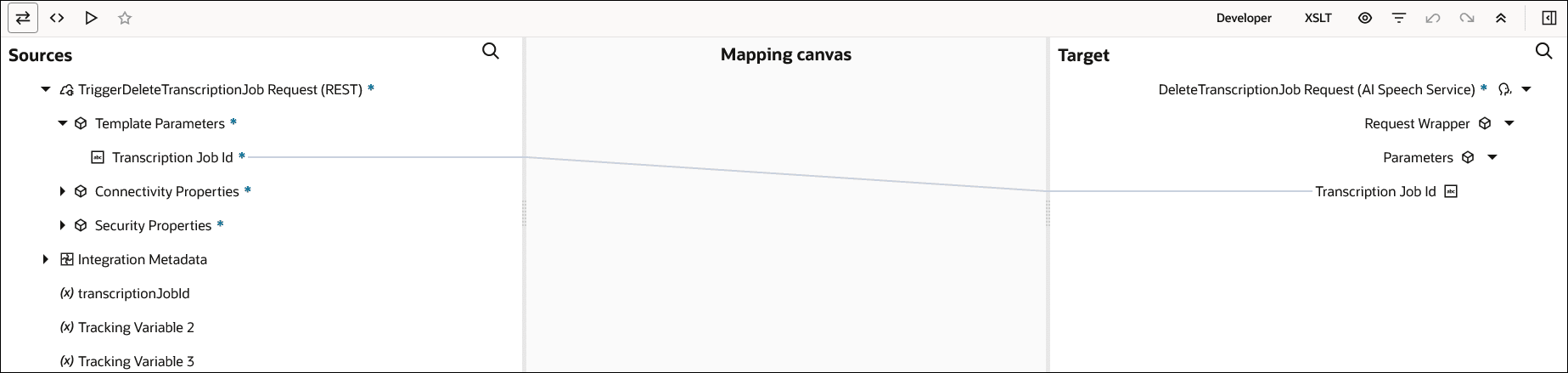ソース、マッピング・キャンバスおよびターゲット・セクションが表示されます。 ソース・トランスクリプション・ジョブID要素は、ターゲット・トランスクリプション・ジョブID要素にマップされます。 