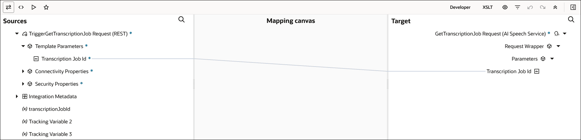 ソース、マッピング・キャンバスおよびターゲット・セクションが表示されます。 ソース・トランスクリプション・ジョブID要素は、ターゲット・トランスクリプション・ジョブID要素にマップされます。 