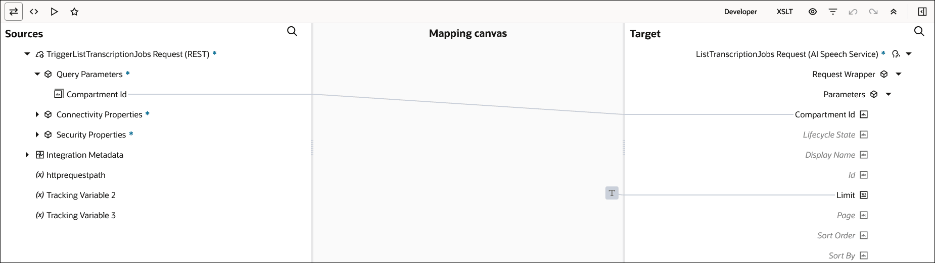 ソース、マッピング・キャンバスおよびターゲット・セクションが表示されます。 ソース・コンパートメントID要素は、ターゲット・コンパートメントID要素にマップされます。 