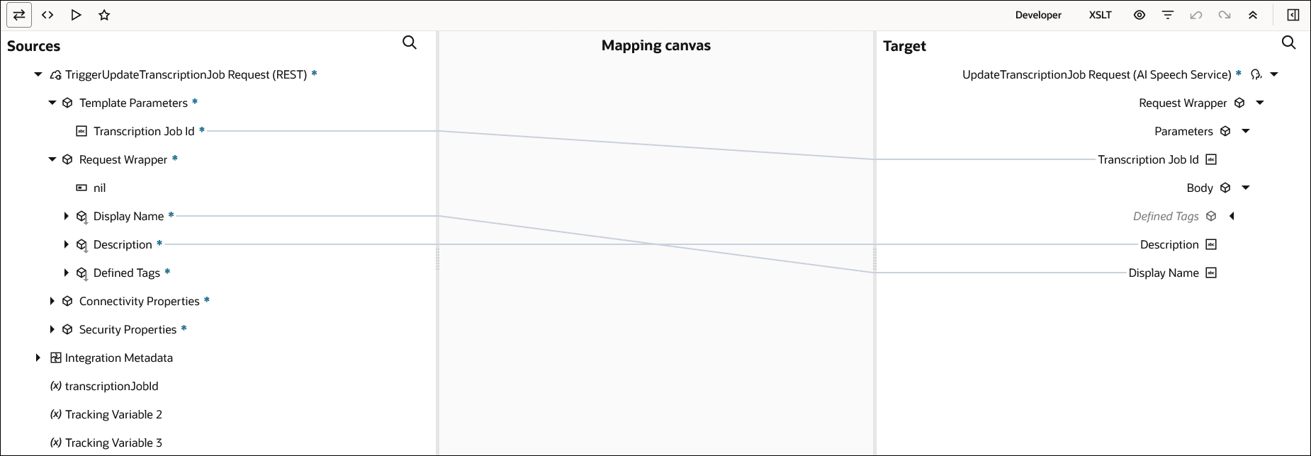 ソース、マッピング・キャンバスおよびターゲット・セクションが表示されます。 ソース・エレメントは、ターゲット・エレメントにマッピングされます。 