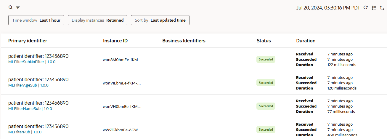 前述のイメージの4つのインスタンスが表示されます。 タイムスタンプは、3つのアイコンとともに右上に表示されます。 左上には、検索アイコンとフィルタ・アイコンがあります。 構成されているフィルタが表示されます。 この下には、プライマリ識別子、インスタンスID、ビジネス識別子、ステータスおよび期間の列を含む表があります。 前述のイメージの4つのインスタンスが表示されます。 タイムスタンプは、3つのアイコンとともに右上に表示されます。 左上には、検索アイコンとフィルタ・アイコンがあります。 構成されているフィルタが表示されます。 この下には、プライマリ識別子、インスタンスID、ビジネス識別子、ステータスおよび期間の列を含む表があります。