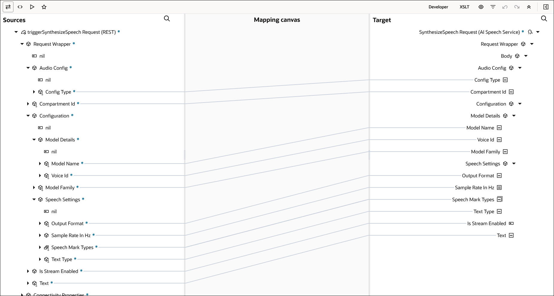 ソース、マッピング・キャンバスおよびターゲット・セクションが表示されます。 ソース・エレメントは、ターゲット・エレメントにマッピングされます。 