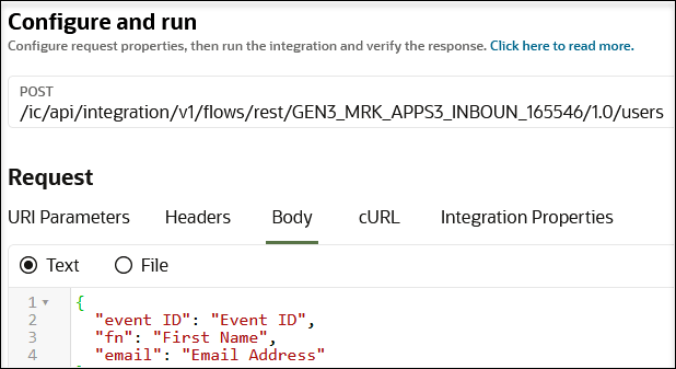Configure and runタイトルが上部に表示されます。 POST操作が表示されます。 この後、本文タブを選択して本文ペイロードを表示します。 Configure and runタイトルが上部に表示されます。 POST操作が表示されます。 この後、本文タブを選択して本文ペイロードを表示します。