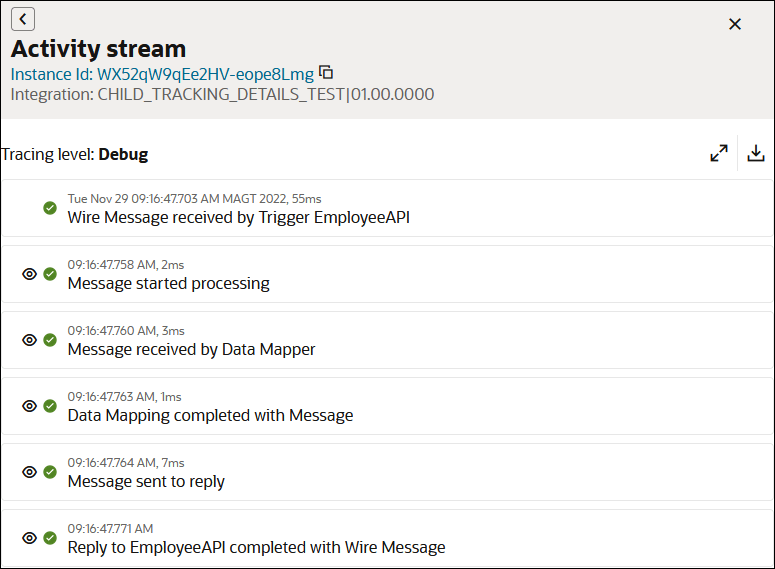 アクティビティ・ストリームには、子統合に関する詳細が表示されます。 リフレッシュ、展開、ダウンロードのアイコンが上部に表示されます。 その後は、子アクティビティ・ストリームのメッセージです。 子インスタンス詳細の表示リンクがクリックされています。 