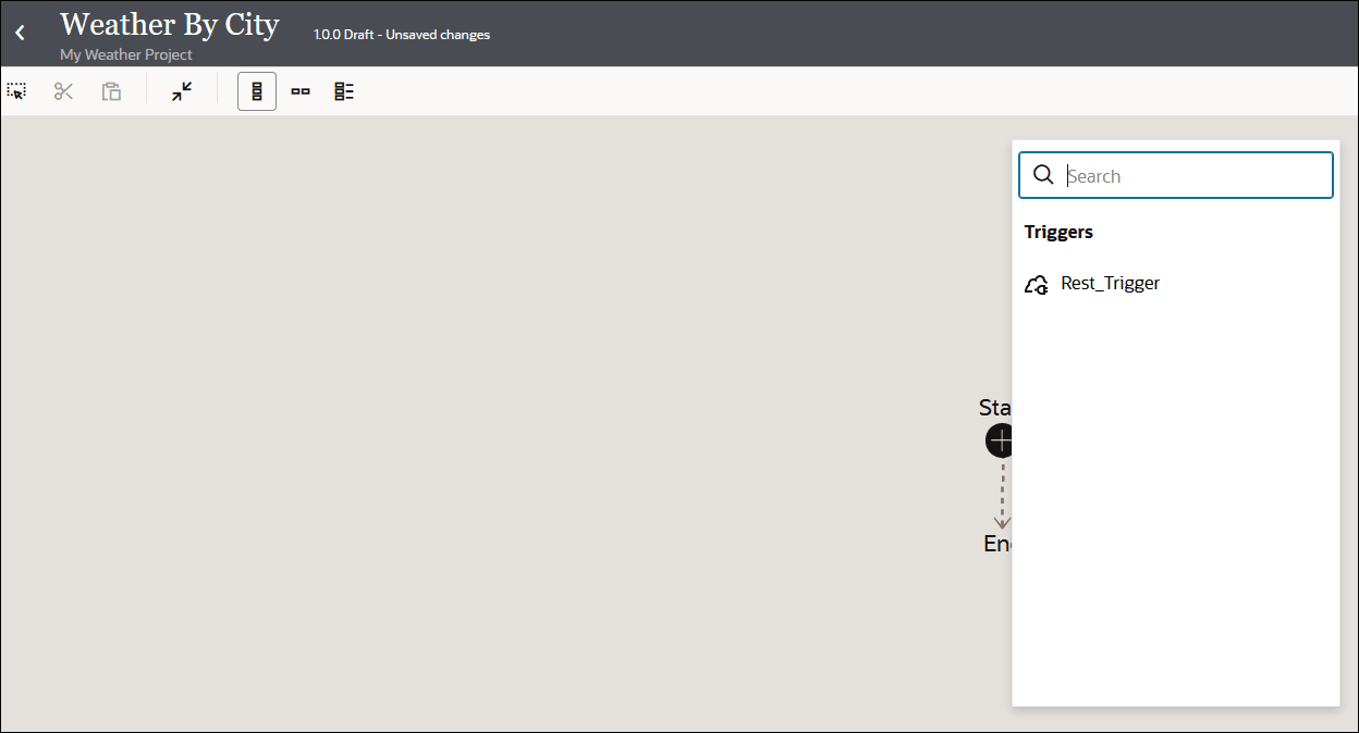 Weather By City統合キャンバスには、タイトルの下に7つのアイコンが表示されます。 開始アイコンと終了アイコンがキャンバスの中央に表示されます。 右側には、Rest_Trigger接続を含むトリガー・セクションを含むメニューがあります。 