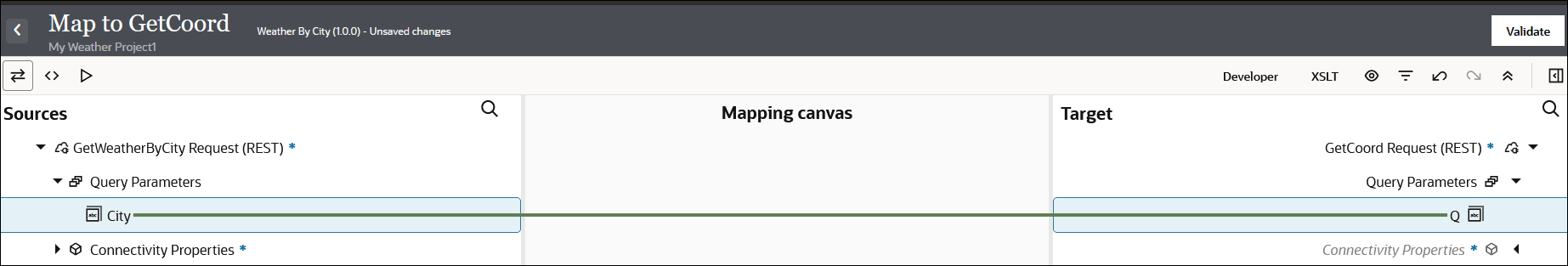 GetCoordへのマップには、ソース、マッピング・キャンバスおよびターゲット・セクションが表示されます。 ソースのCity要素がターゲットQ要素にドラッグされました。 右上に検証ボタンが表示されます。 このボタンの下には、Developer、XSLTおよびその他の6つのアイコンがあります。 ソース・ラベルの上には3つのアイコンがあります。 
