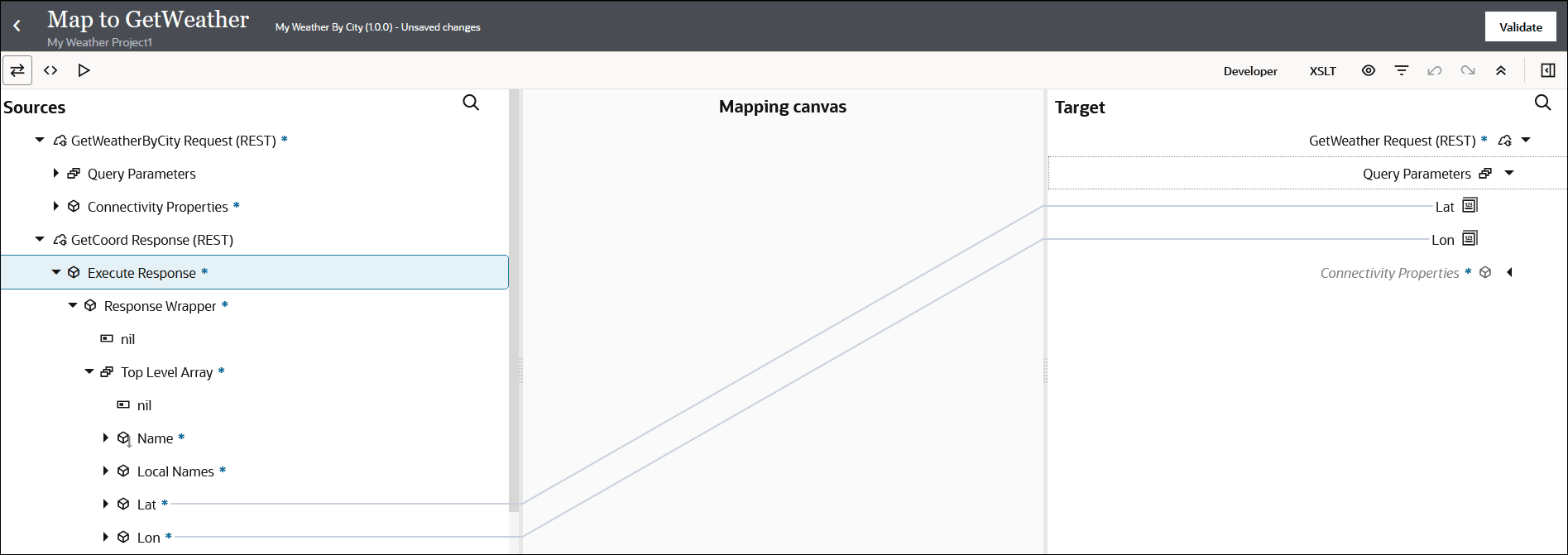 GetWeatherへのマップには、ソース、マッピング・キャンバスおよびターゲット・セクションが表示されます。 ソース・ラット要素およびLon要素がターゲット・ラット要素およびLon要素にドラッグされました。 右上に検証ボタンが表示されます。 このボタンの下には、Developer、XSLTおよびその他の6つのアイコンがあります。 ソース・ラベルの上には3つのアイコンがあります。 