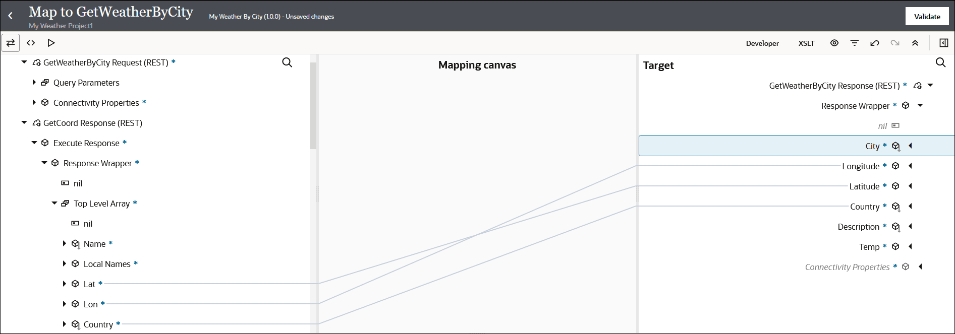 GetWeatherByCityへのマップには、ソース、マッピング・キャンバスおよびターゲット・セクションが表示されます。 ソースのLat、LonおよびCountry要素が、ターゲットのLatitude、LongitudeおよびCountry要素にドラッグされています。 右上に検証ボタンが表示されます。 このボタンの下には、Developer、XSLTおよびその他の6つのアイコンがあります。 ソース・ラベルの上には3つのアイコンがあります。 