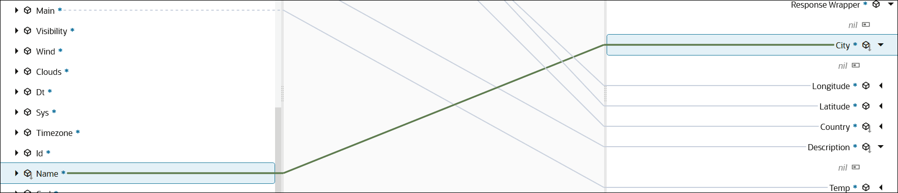 ソース名要素をターゲットのCity要素にドラッグしました。