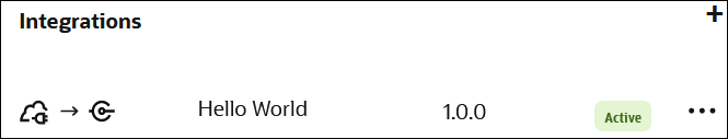 「統合」セクションには、Hello World統合、バージョン1.0.0、アクティブのステータスおよびアクション(…)メニューが表示されます。 「統合」セクションには、Hello World統合、バージョン1.0.0、アクティブのステータスおよびアクション(…)メニューが表示されます。