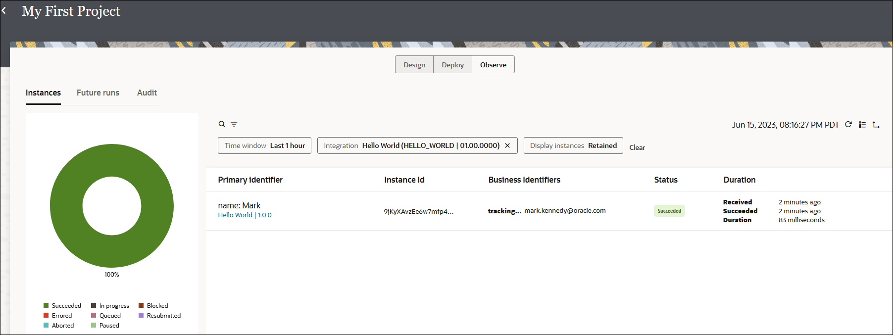 特定のプロジェクトのページには、設計、デプロイおよび観測タブが表示されます。 下には、最新のフィルタ設定を示すフィールドがあります。 上部には検索アイコンとフィルタ・アイコンがあります。 左端にはInstances、Future runおよびAuditタブがあります。 右端にはタイム・スタンプとリフレッシュ・ボタンがあります。 これらのすべてのボタンおよびアイコンの下に、プライマリ識別子、インスタンスID、ビジネス識別子、ステータスおよび期間の列がある表があります。 表にインスタンスの詳細が移入されます。 左端には、インスタンスの状態を示すグラフがあります: 成功、中止、キュー待ち、ブロック、エラー、進行中、一時停止および再送信済。 特定のプロジェクトのページには、設計、デプロイおよび観測タブが表示されます。 下には、最新のフィルタ設定を示すフィールドがあります。 上部には検索アイコンとフィルタ・アイコンがあります。 左端にはInstances、Future runおよびAuditタブがあります。 右端にはタイム・スタンプとリフレッシュ・ボタンがあります。 これらのすべてのボタンおよびアイコンの下に、プライマリ識別子、インスタンスID、ビジネス識別子、ステータスおよび期間の列がある表があります。 表にインスタンスの詳細が移入されます。 左端には、インスタンスの状態を示すグラフがあります: 成功、中止、キュー待ち、ブロック、エラー、進行中、一時停止および再送信済。
