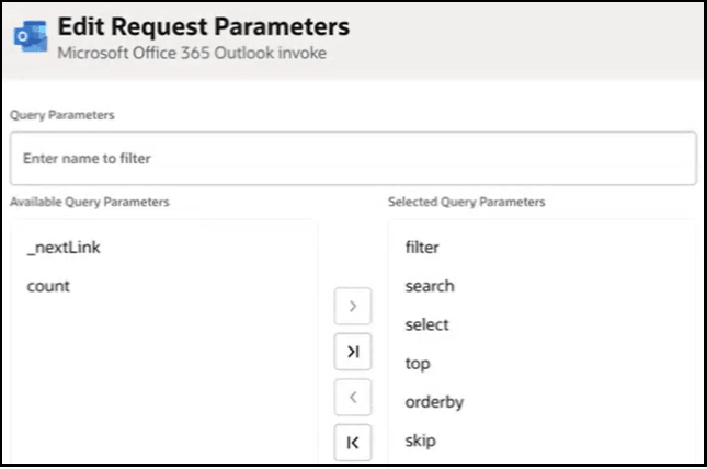 「編集リクエスト・パラメータ」ページには、フィルタする「名前を入力」というラベルを含む「問合せパラメータ」フィールドが表示されます。 この下には、「使用可能な問合せパラメータ」セクションと「選択した問合せパラメータ」セクションがあります。 6つのパラメータが選択されています。 
