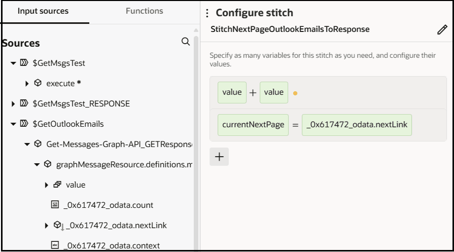 「ステッチを構成」パネルが表示されます。 「入力ソース」タブが左側に表示されます。 GetOutlookEmailsの下に値が表示されるように拡張されています。 これらの値の1つである0x617472_odata.nextLinkは、currentNextPageという名前のパラメータに設定されています。 