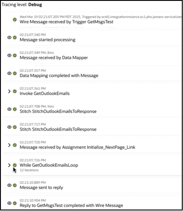 アクティビティ・ストリームが表示されます。 whileループは、すべての電子メール・メッセージを同時に返すのではなく、12ページのMicrosoft Office 365 Outlookアダプタへの電子メール・メッセージの配信を制御するために12回繰り返しました。 