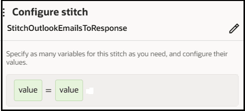 「ステッチを構成」セクションには、ステッチ名と値セットが表示されます。 編集アイコンが右上に表示されます。 