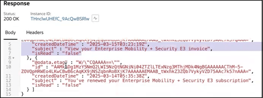 「レスポンス」セクションが表示されます。 「ステータス」フィールドおよび「インスタンスID」フィールドが表示されます。 この下には、「本文」列と「ヘッダー」列があります。 ヘッダーの内容については、このイメージの上で説明します。 