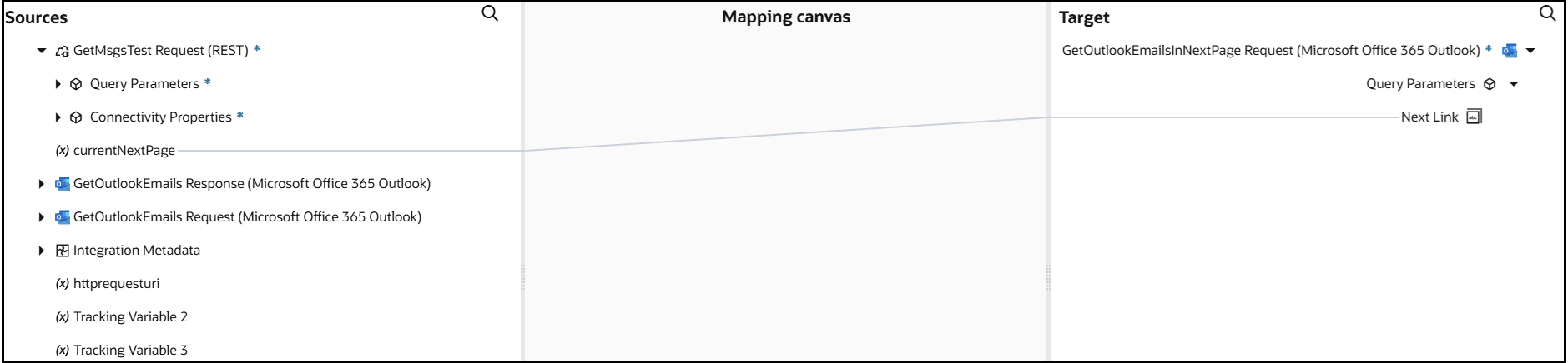 ソース、マッピング・キャンバスおよびターゲット・セクションが表示されます。currentNextPageはNewLinkにマップされます。