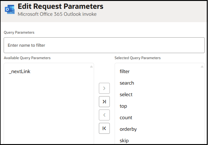 「編集リクエスト・パラメータ」ページには、フィルタする「名前を入力」というラベルを含む「問合せパラメータ」フィールドが表示されます。 この下には、「使用可能な問合せパラメータ」セクションと「選択した問合せパラメータ」セクションがあります。 7つのパラメータが選択されています。 
